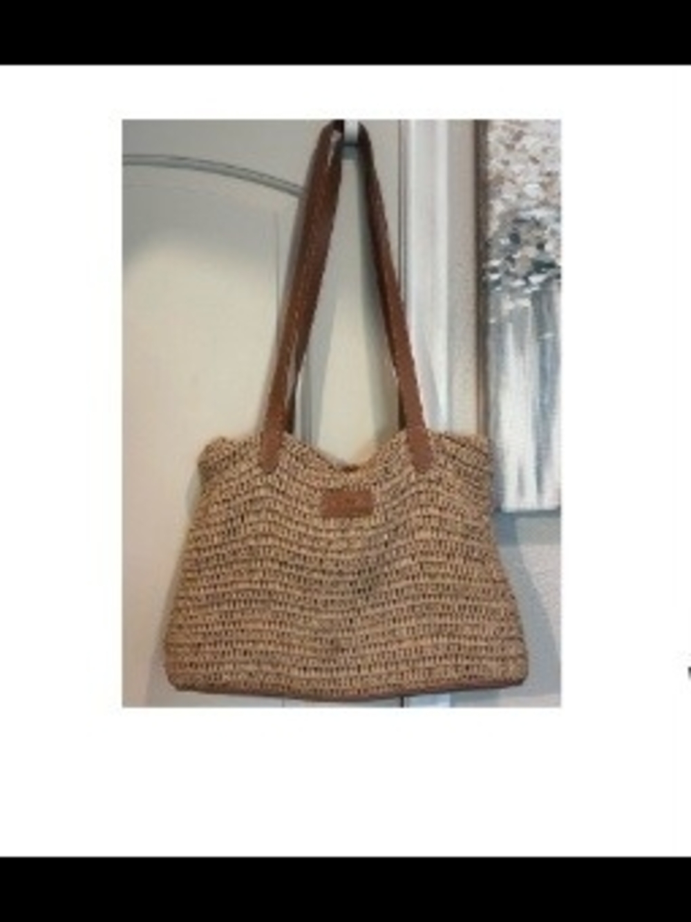 Woven Straw Tote Bag with Brown Leather Straps